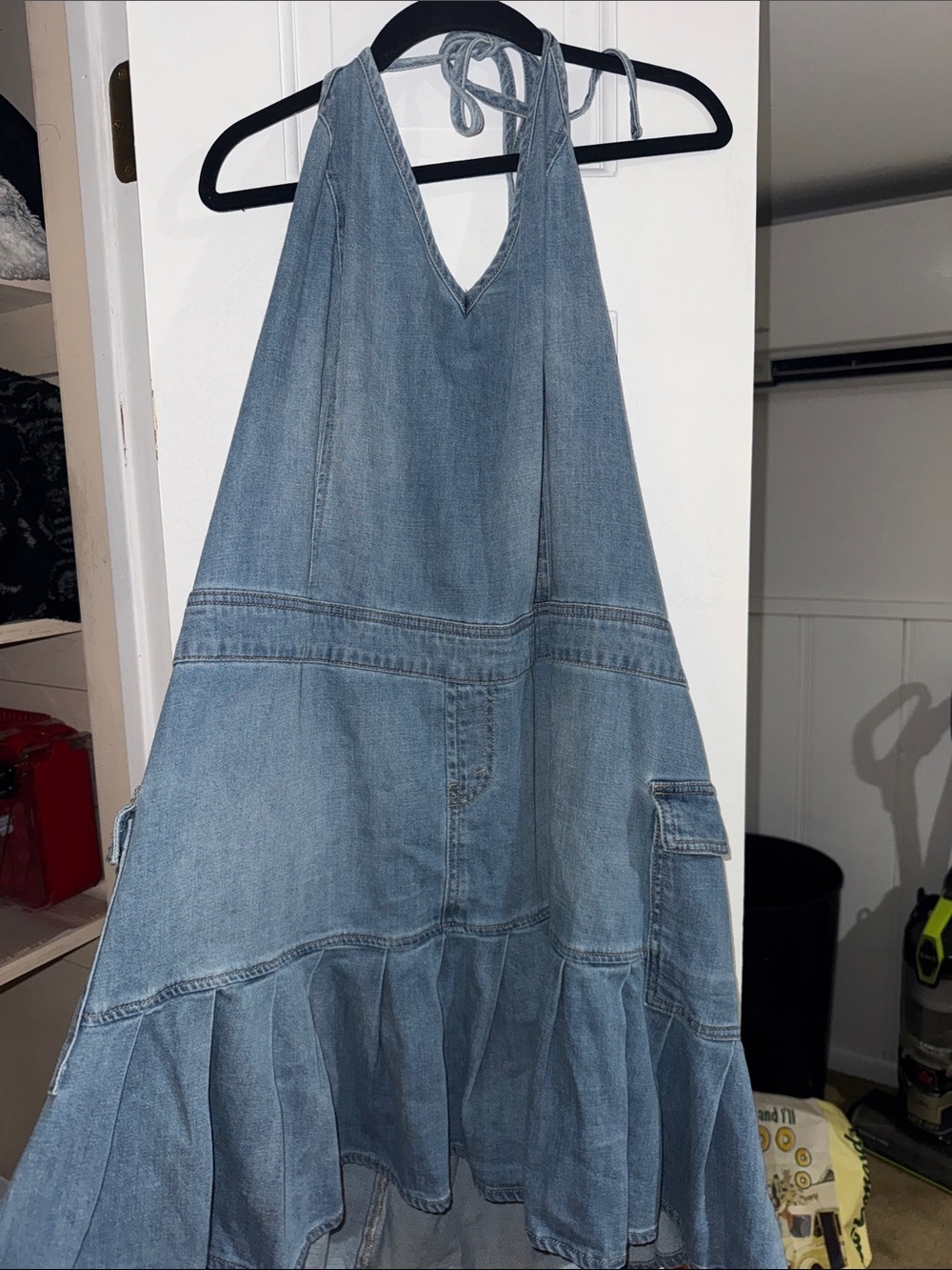 Light Blue Denim Halter Dress - Casual Ruffle Hem